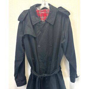 MERC London Womens Black Double-breasted Trench Coat Red Plaid Lining  Strap XL